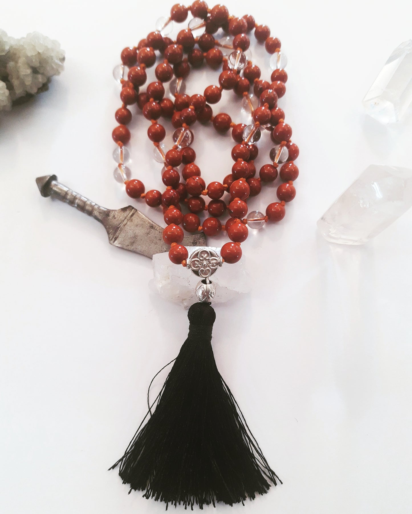 Mala con Diaspro Rosso, Quarzo Ialino ed inserto in Argento