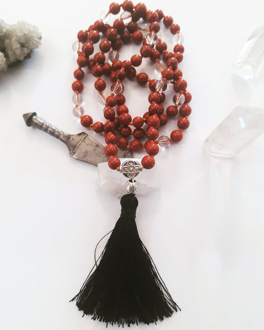 Mala with Red Jasper, Clear Quartz and Silver insert