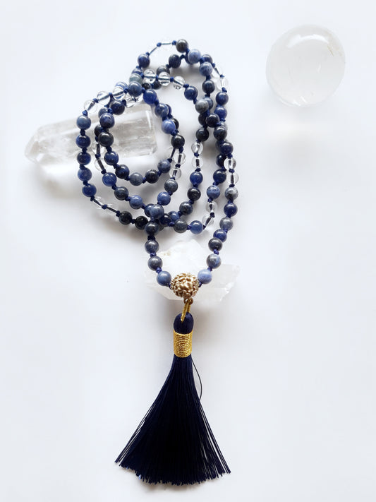 Mala with Sodalite and Hyaline Quartz stones