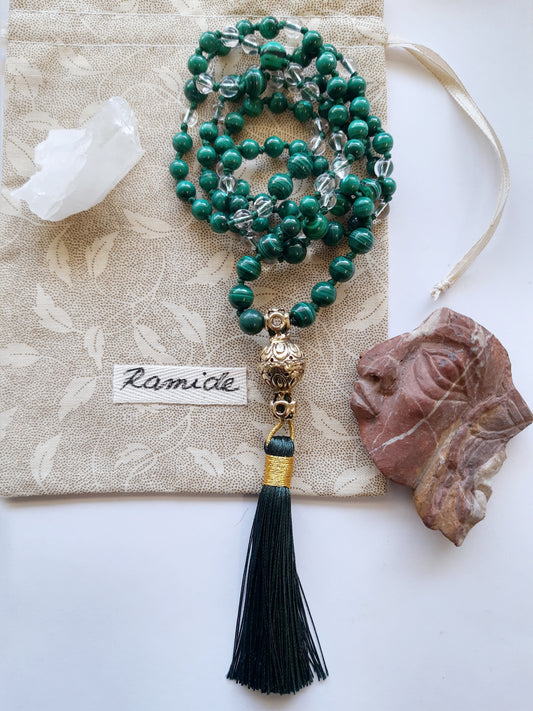 Mala with malachite and clear quartz