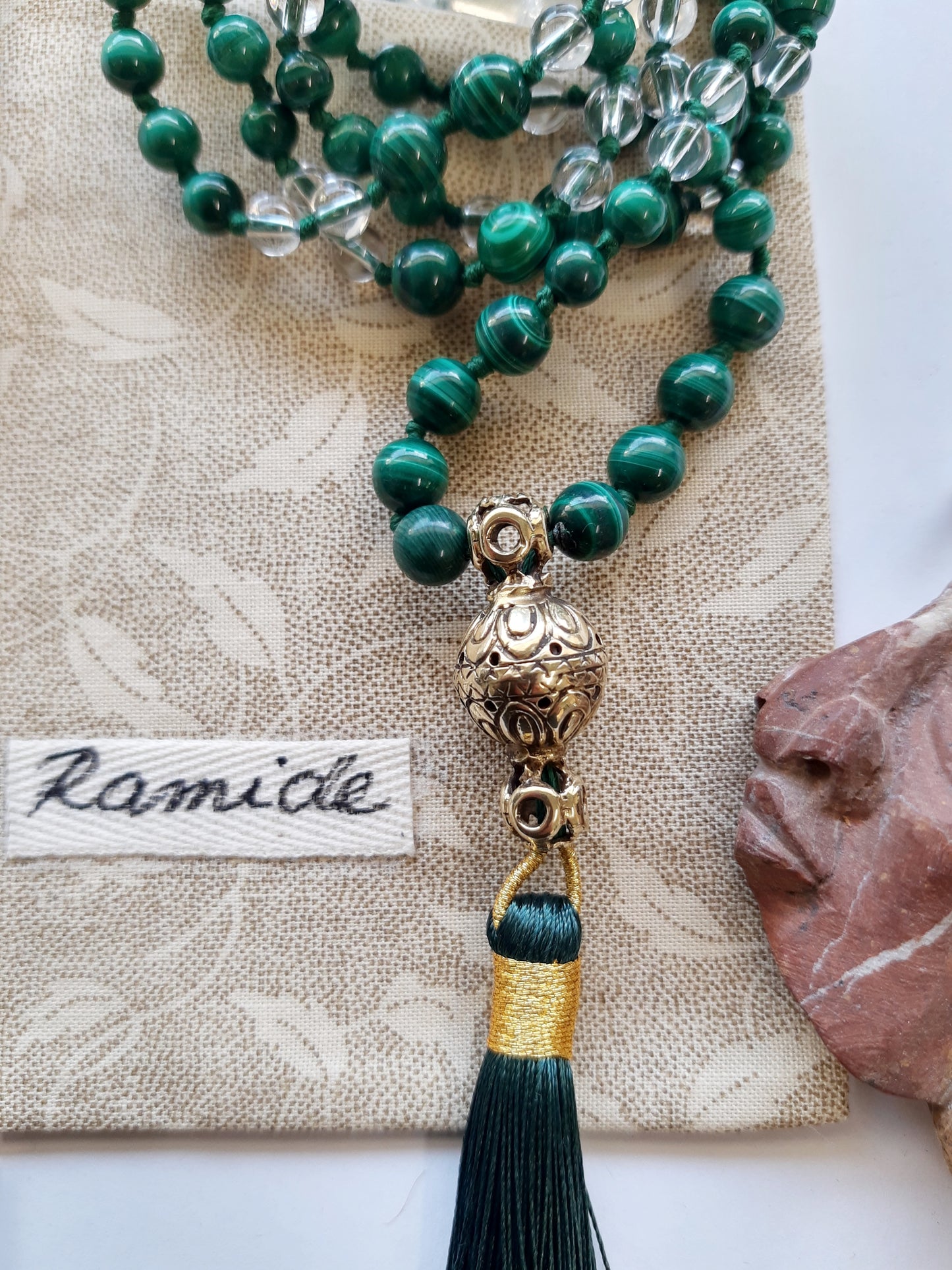 Mala con malachite e quarzo ialino