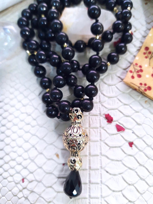 Mala with Shungite stones and golden metal inserts