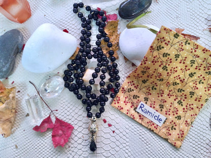Mala with Shungite stones and golden metal inserts